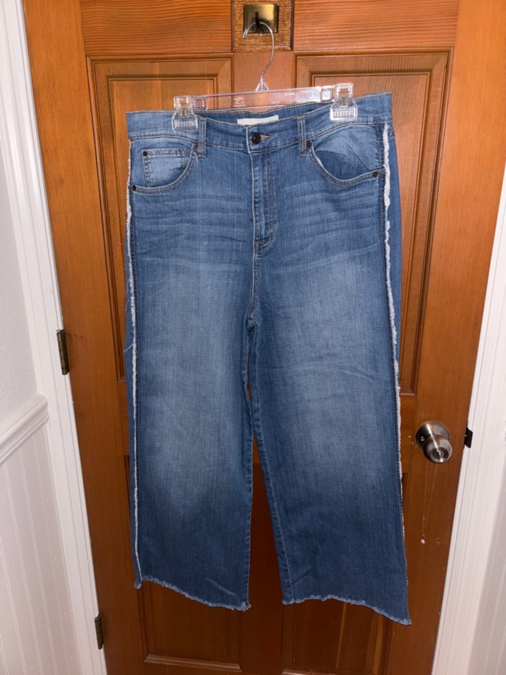 Women’s Wide-Leg Blue Denim Jeans with Raw Edge Side Tape